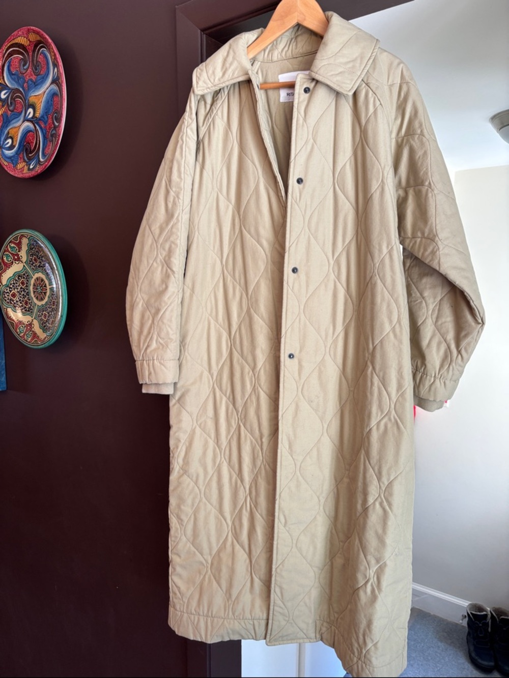 Beige Quilted Long Coat for Women - Lightweight Puffer Style